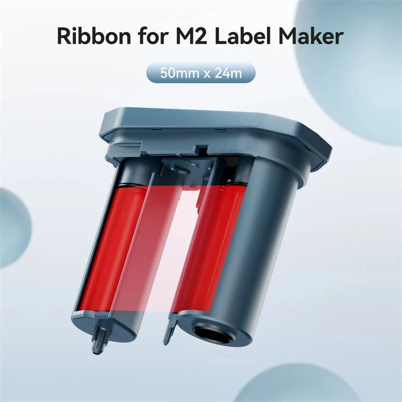 Ribbon for M2 Label Maker showing a red roll of thermal transfer sticker ribbon.