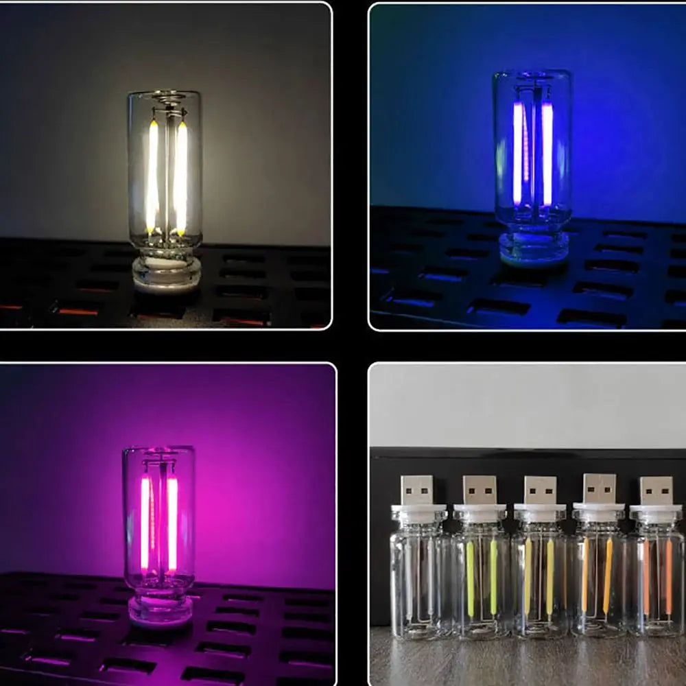 Two retro Edison USB LED bulbs with touch dimming are displayed in various colored light settings.