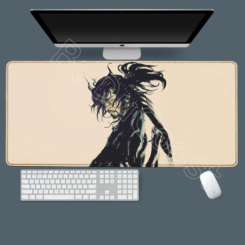 A large beige gaming mousepad featuring a black silhouette of Miyamoto Musashi from the Vagabond manga.