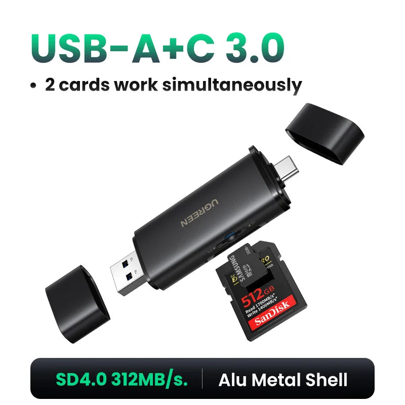 Lector de tarjeta USB-A a C 3.0 negro con dos ranuras para uso simultáneo y carcasa de metal de aluminio