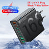 Black multi-port fast charging wall adapter with USB and Type-C ports shown against a snowy background