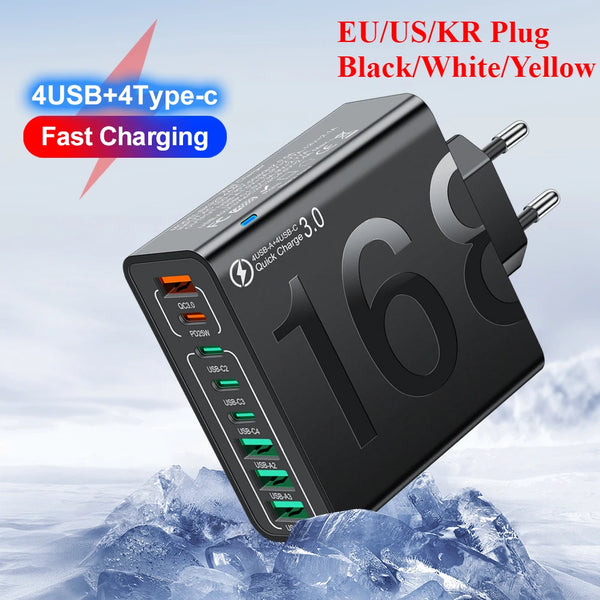 محول شحن سريع أسود متعدد المنافذ USB و Type-C معروض على خلفية ثلجية