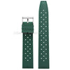 Dark green perforated silicone watch strap with a silver buckle and quick release mechanism