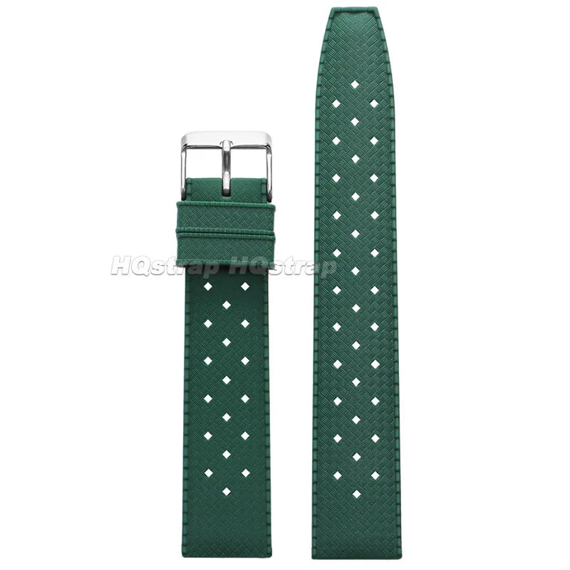 Dark green perforated silicone watch strap with a silver buckle and quick release mechanism
