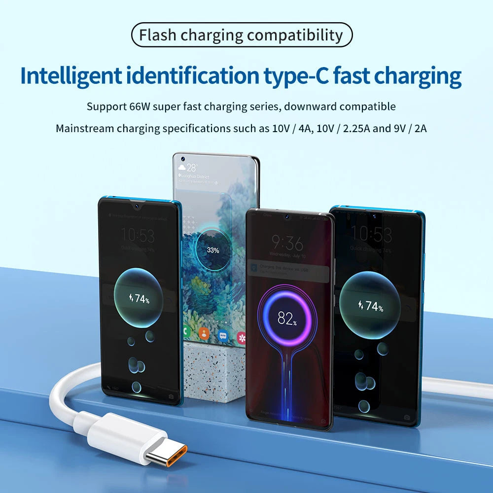 A set of three smartphones and a USB-C fast charging cable are displayed on a blue surface.