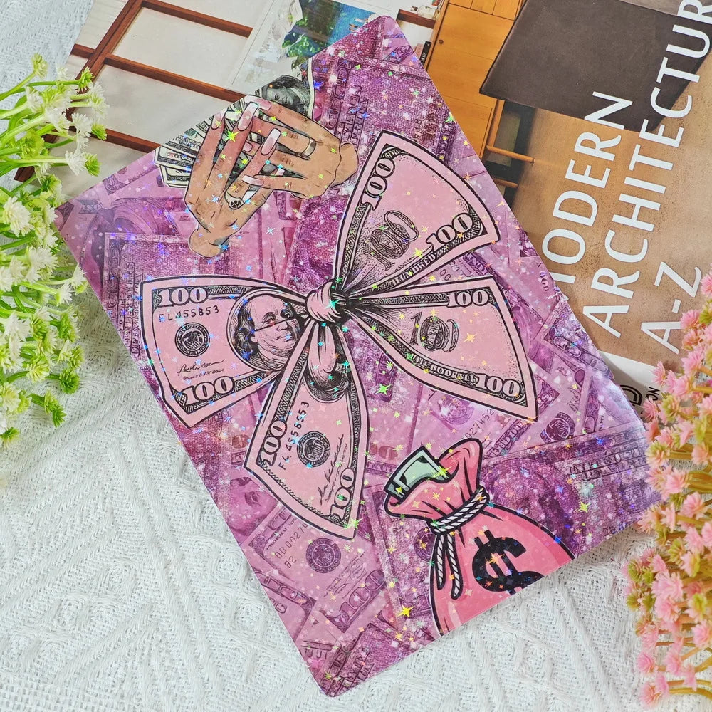 Lila gemusterte Karte mit Cartoon-Illustration von Geld und pinker Handtasche.