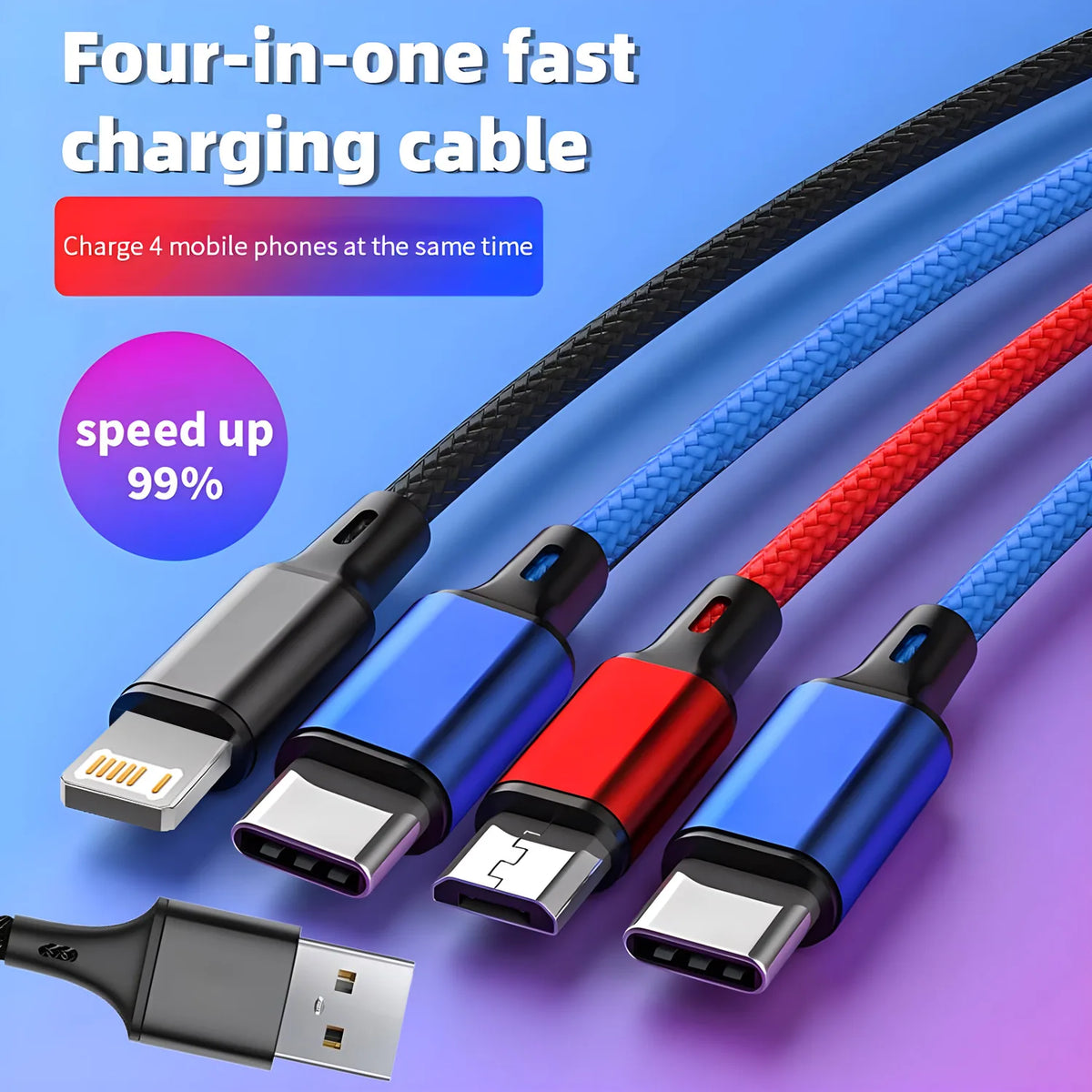 Four-in-one fast charging cable showing four different connector types and braided wires