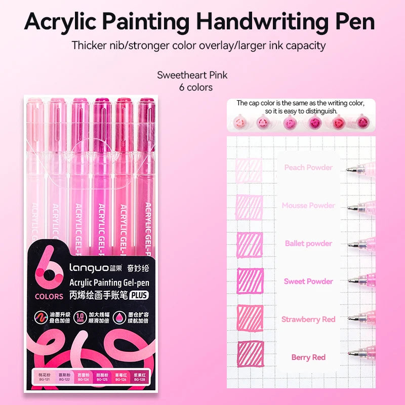 A set of six sweetheart pink acrylic painting handwriting pens with various colors and tips.