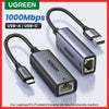 A black UGREEN USB-A/USB-C to Ethernet adapter cable and connector shown on a white background.