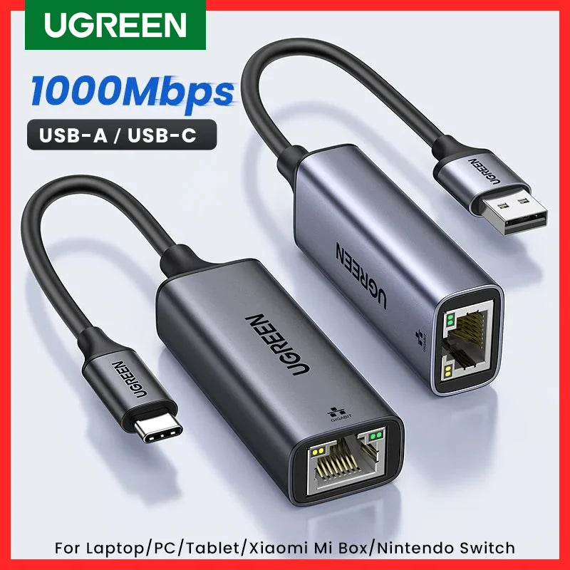 A black UGREEN USB-A/USB-C to Ethernet adapter cable and connector shown on a white background.