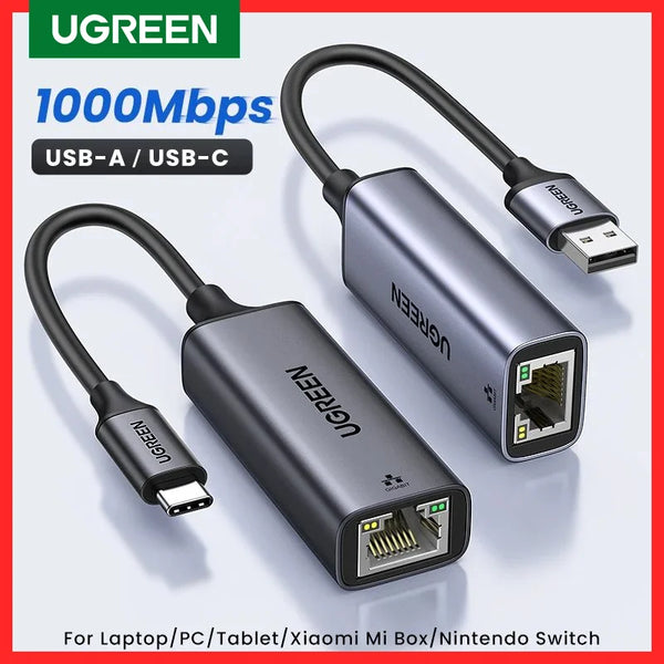 A black UGREEN USB-A/USB-C to Ethernet adapter cable and connector shown on a white background.
