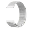 A silver woven nylon watch strap with a white buckle shown against a white background.