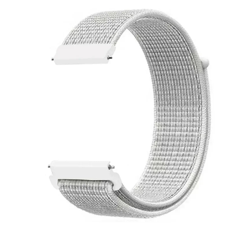 A silver woven nylon watch strap with a white buckle shown against a white background.
