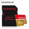 A black MicroDrive Class 10 SD Adapter with a red and gold PRO PLUS card inserted.