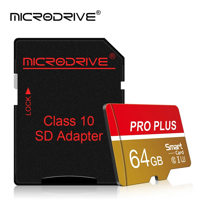 A black MicroDrive Class 10 SD Adapter with a red and gold PRO PLUS card inserted.