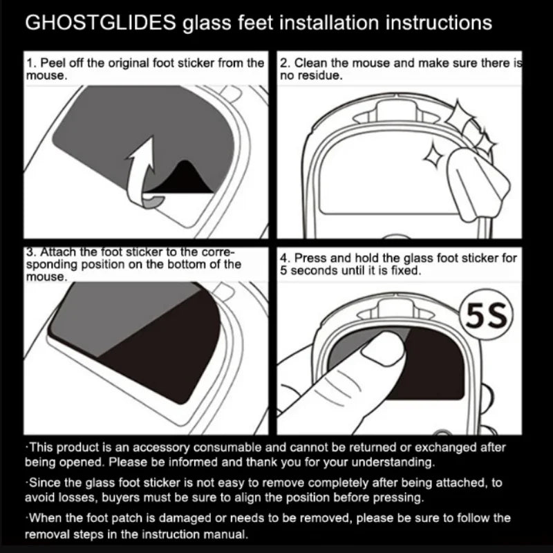 Instructions showing how to install glass foot stickers on a mouse