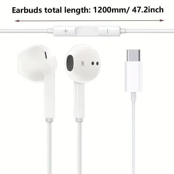 A white pair of wired earbuds and a charging cable are shown against a white background.