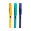 A set of three Morandi Retro fountain pens in orange, teal, and purple.