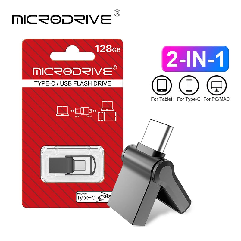 A red package for a 128GB MicroDrive flash drive and an attached metal adapter.