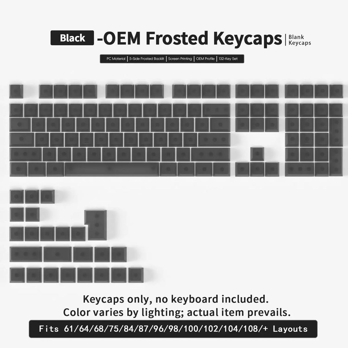 Black OEM frosted keycaps for mechanical keyboards, showing various layouts and profiles.
