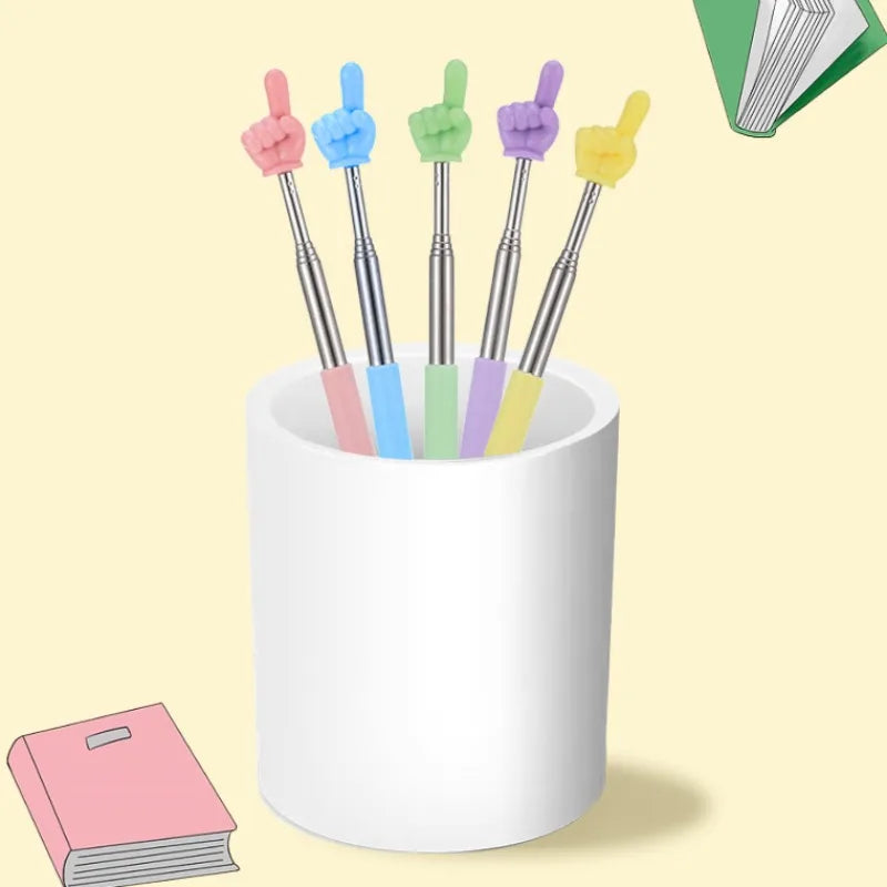 A set of colorful stainless steel telescopic teaching pointers in pink, blue, green, purple, and yellow stored in a white cup