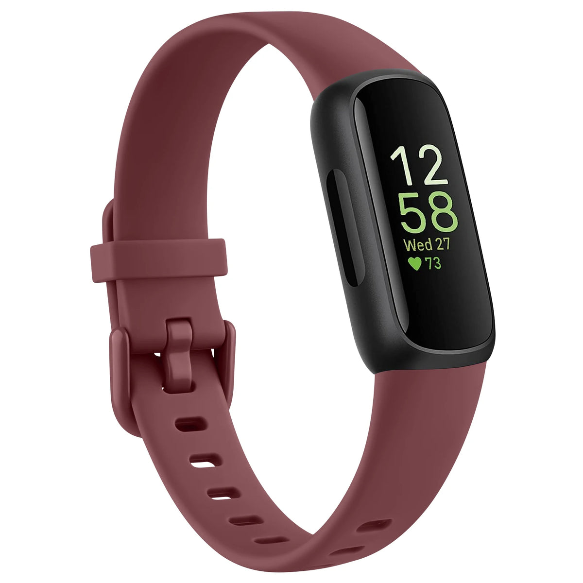 A maroon silicone replacement strap for a Fitbit Inspire series watch with a black display case.