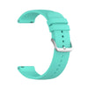 A teal silicone watch band with a silver buckle shown from the side.