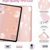 A pink TPU case for an iPad, showing features like a honeycomb grid, solid protection, shock absorption, and ports.