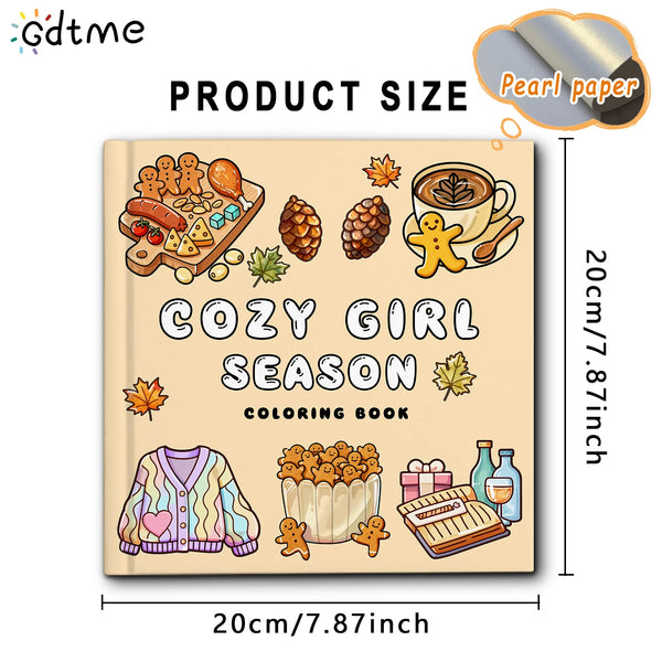 A coloring book titled Cozy Girl Season featuring seasonal and cute patterns on a beige cover.