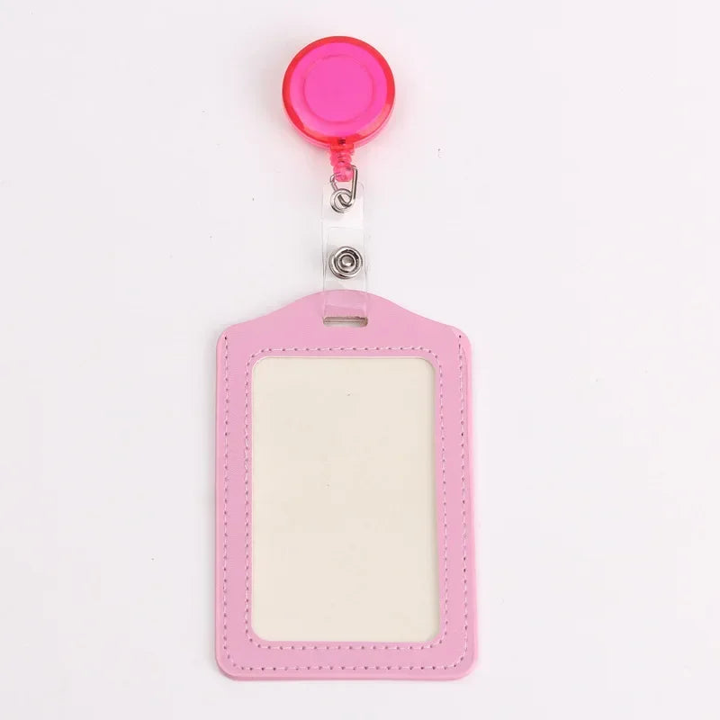 Pink PU leather retractable ID card holder with a pink reel and clear plastic badge case