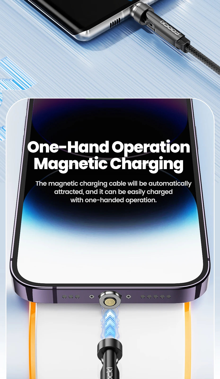 A close-up of a magnetic charging cable connecting a device to a power source for one-hand operation.