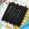 A set of fine line marker pens in various colors, including black and purple, laid out on a sheet of paper with botanical ill