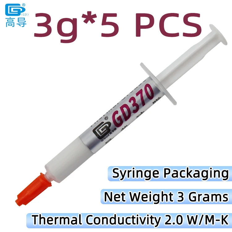 A syringe with GD370 grease inside, packaged as 5 pieces, showing its net weight and thermal conductivity.