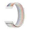 A close-up view of a white nylon loop watch strap with a multicolored iridescent finish.