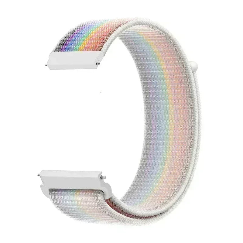 A close-up view of a white nylon loop watch strap with a multicolored iridescent finish.