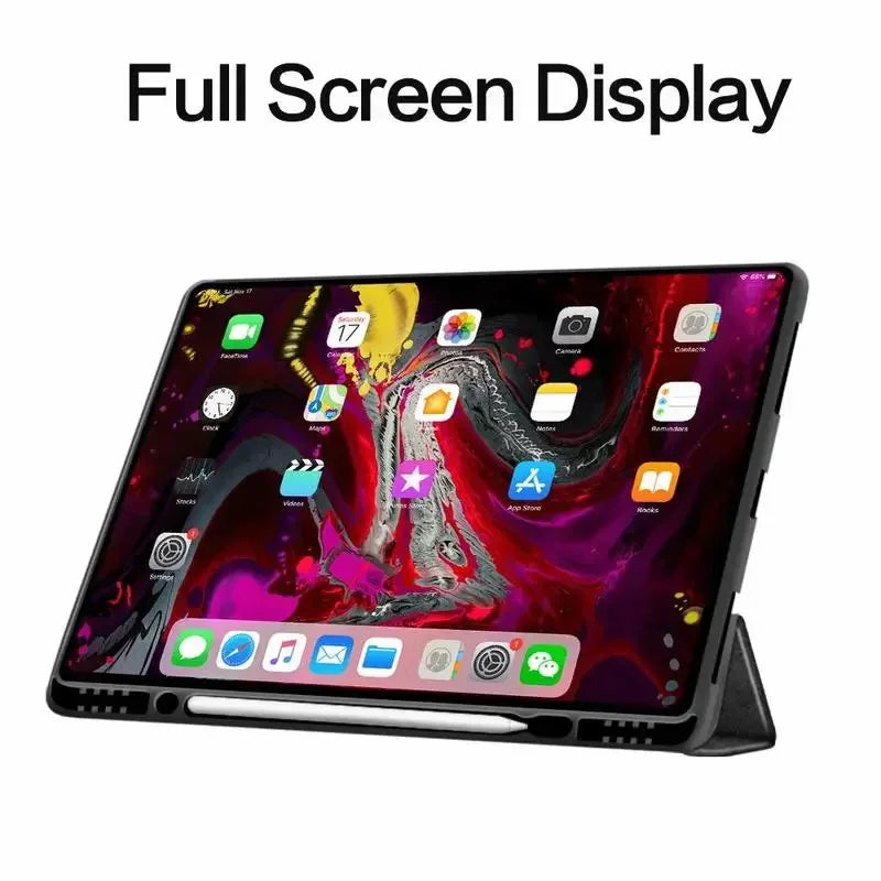 A close-up view of an iPad Pro with a retro marbling skin applied to the screen.