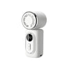 A white portable rechargeable handheld cooling fan with a circular grille and a power button.