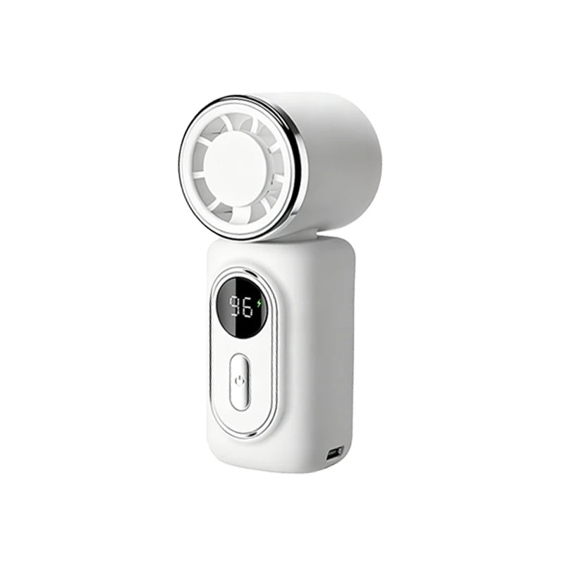A white portable rechargeable handheld cooling fan with a circular grille and a power button.