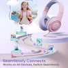 Pink wired headphones shown next to various electronic devices like phones, tablets, laptops, and a PC.