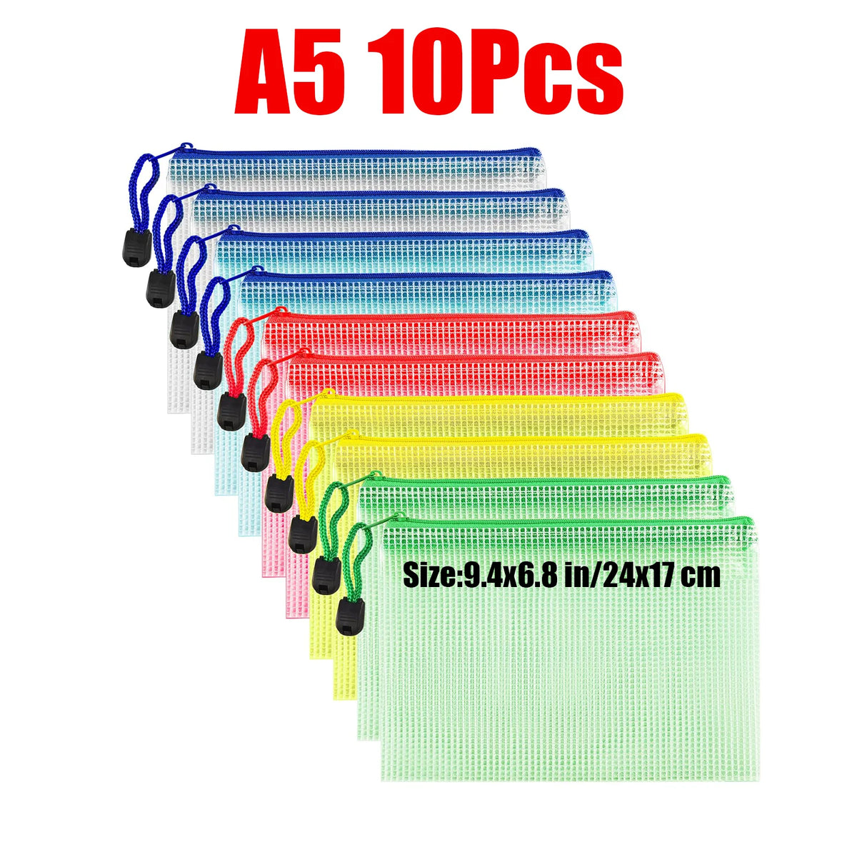 Un juego de 10 bolsas organizadoras de documentos transparentes con cremallera en varios colores como azul, rojo y verde.