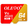 Red and yellow memory card labeled OLE and V10 A1W 64 GB