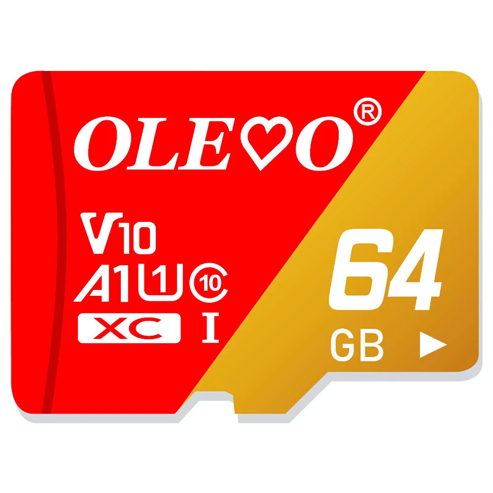 Red and yellow memory card labeled OLE and V10 A1W 64 GB