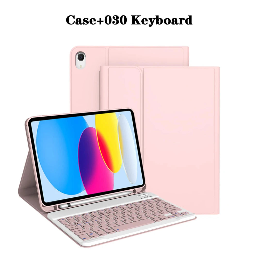 Un teclado rosa Case+030 junto a una laptop, mostrando la funda desmontable Bluetooth para un iPad.