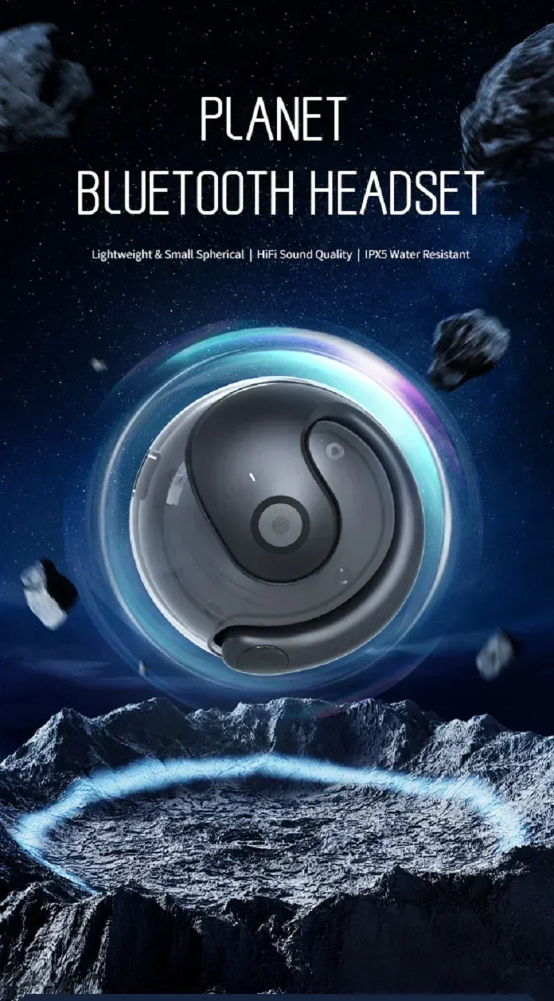 A black wireless Bluetooth headset is shown against a dark, starry background with an icy landscape below.