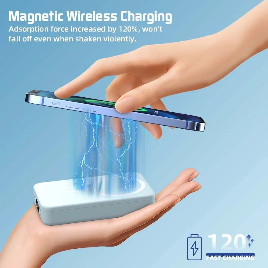 A hand places a smartphone above a wireless charging pad, demonstrating magnetic force for fast charging.