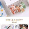 A set of decorative transparent washi tape rolls in various floral and greenery patterns displayed next to a box.