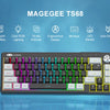 A close-up view of the MAGEEE TS68 compact 68-key RGB backlit keyboard with various function keys and a numeric keypad.
