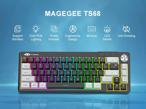 A close-up view of the MAGEEE TS68 compact 68-key RGB backlit keyboard with various function keys and a numeric keypad.