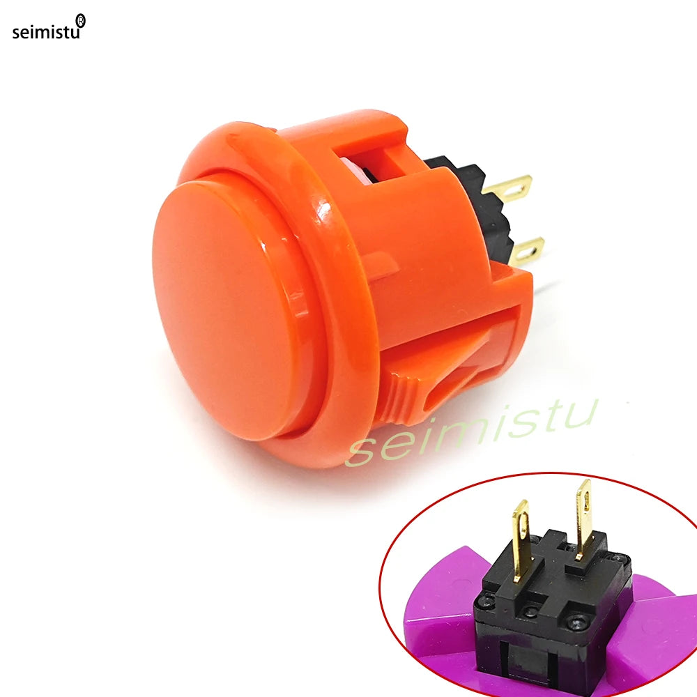 Orange arcade push button with a black micro switch and mounting hardware
