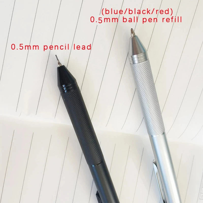 A black and silver ballpoint pen refill and a 0.5mm pencil lead are shown on white lined paper.